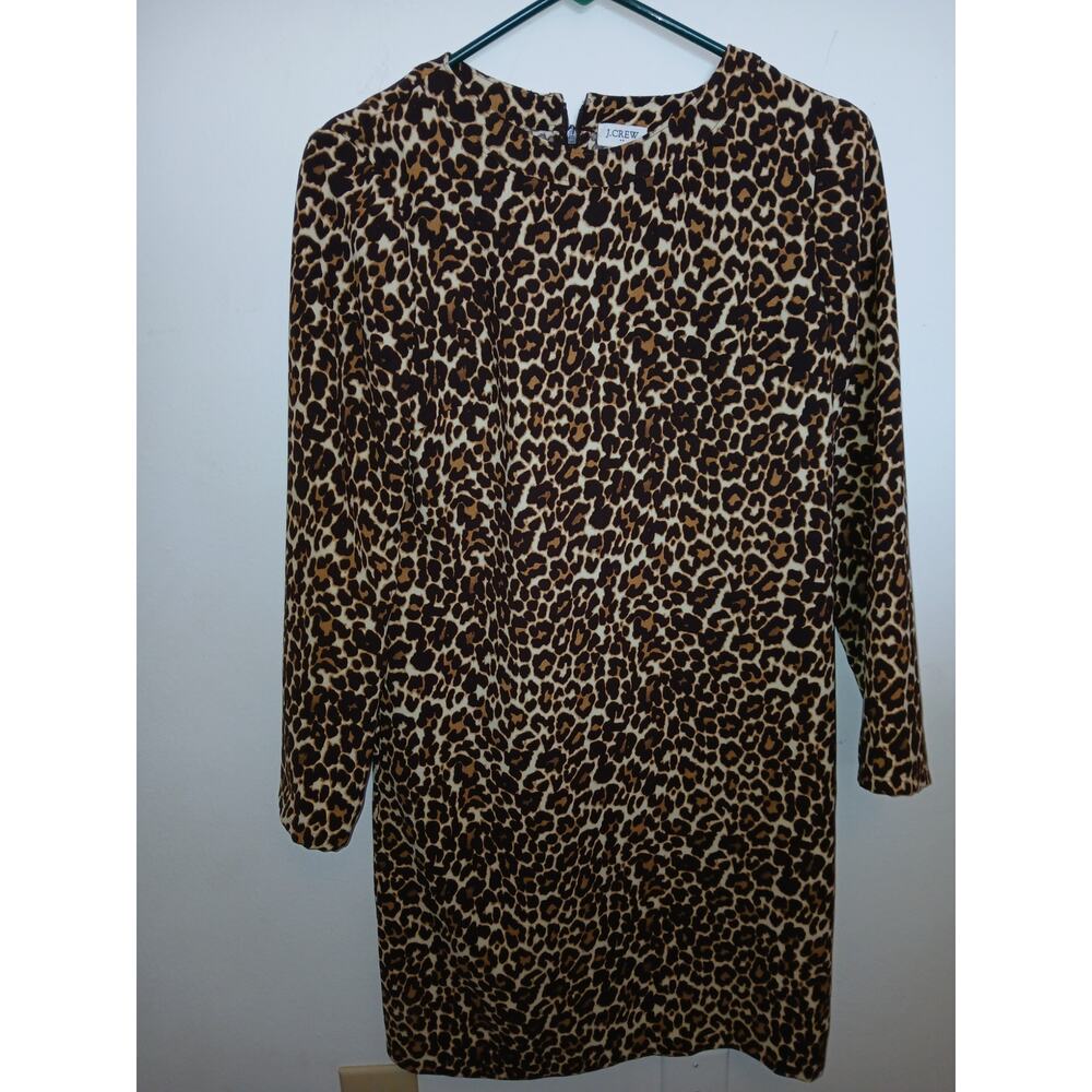 J.Crew Animal Print Long Sleeve Shift Dress Size 0 XS Career Church Brown White